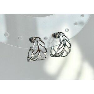 Vintage Silver Toned Monstera Leaf / Foliage Shaped Little Open Hoop Earrings